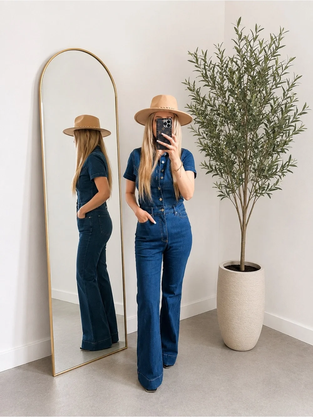 Denim Button-Front Short Sleeve Jumpsuit - Blue - Picture 2 of 3